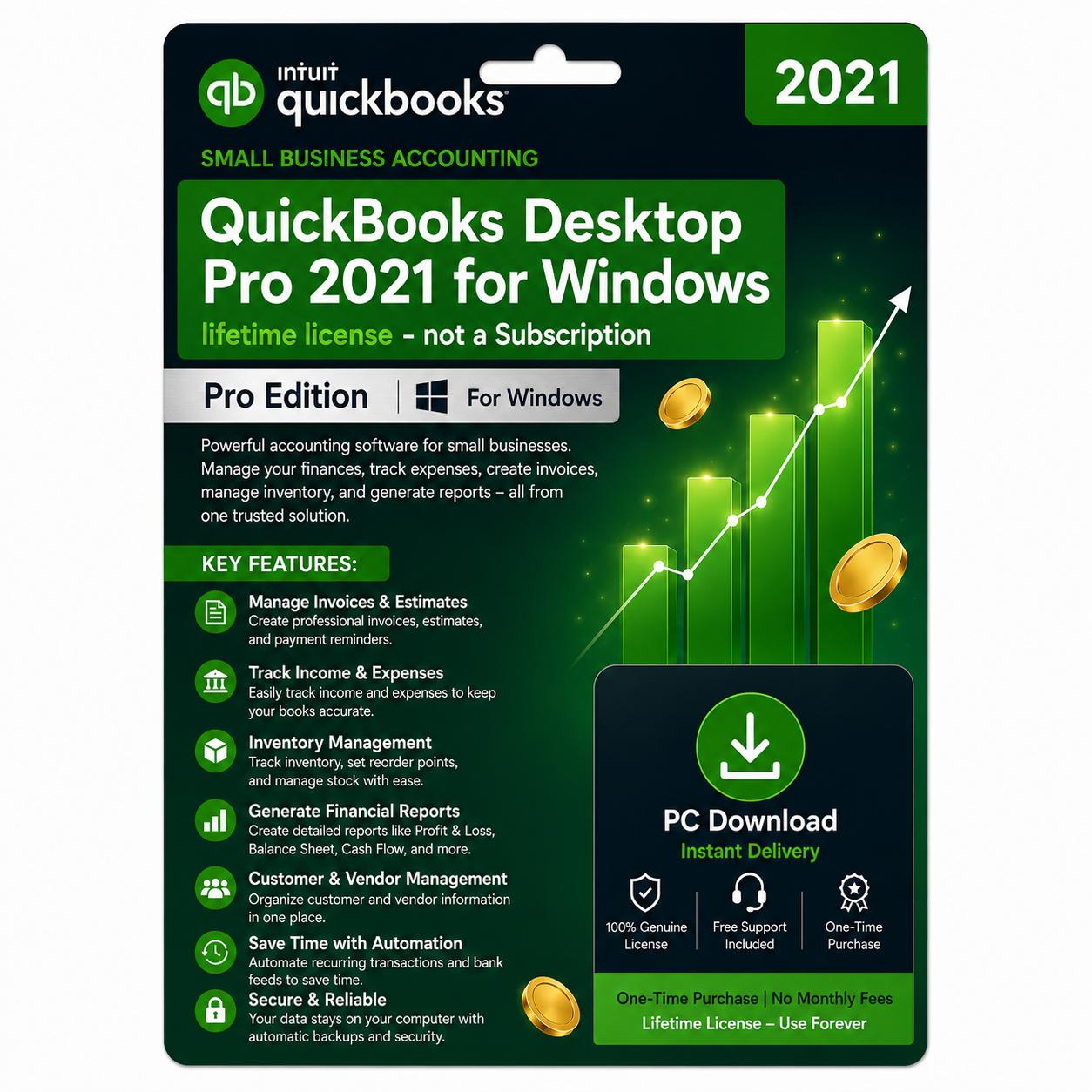 Quickbooks desktop Pro 2021 for windows– lifetime license – not a Subscription